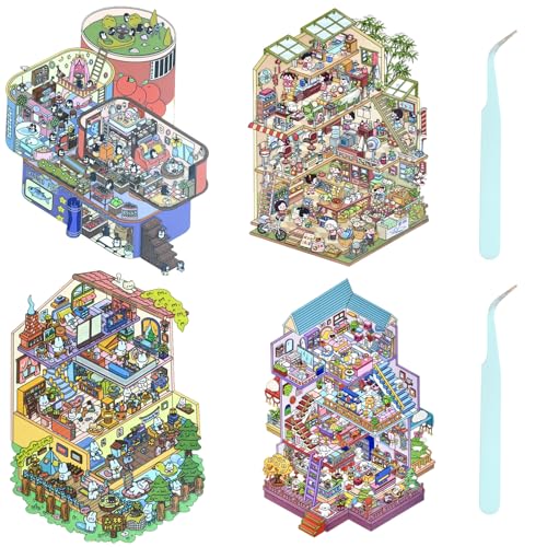 DIY 3D House Stickers,3D Miniatur Haus Sticker,DIY-Aufkleber,Sticker Scenes Selbermachen von Supermarkt, Café, Restaurant für Erwachsene und Kinder (4pcs,A) von Guniata