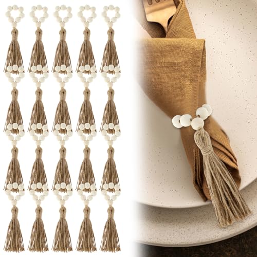 Guniata 20 Stück Serviettenringe aus Holz,Natürliche Serviettenring mit Quaste,Serviettenschnallen mit Holzperlen,für Hochzeit,Weihnachten,Bauernhaus,Tischdekoration(A,20pcs) von Guniata