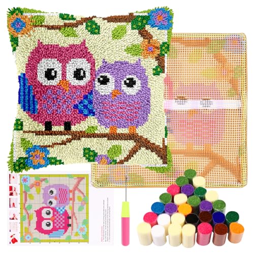 Guniata Knüpfkissen Set für Erwachsene,43 cm,DIY Knüpfkissenbezug Set mit Häkelgarn,Handgefertigter Kissenbezug,Nadelarbeit für Sofa Dekoration(Eule) von Guniata