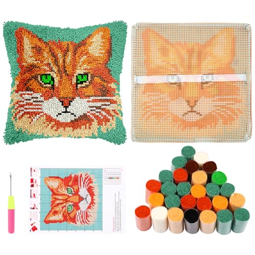Guniata Knüpfkissen Set für Erwachsene,43 cm,DIY Knüpfkissenbezug Set mit Häkelgarn,Handgefertigter Kissenbezug,Nadelarbeit für Sofa Dekoration(Katze) von Guniata