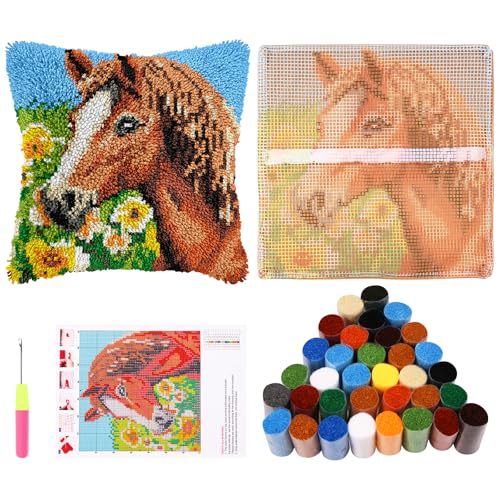 Guniata Knüpfkissen Set für Erwachsene,43 cm,DIY Knüpfkissenbezug Set mit Häkelgarn,Handgefertigter Kissenbezug,Nadelarbeit für Sofa Dekoration(Pferd) von Guniata