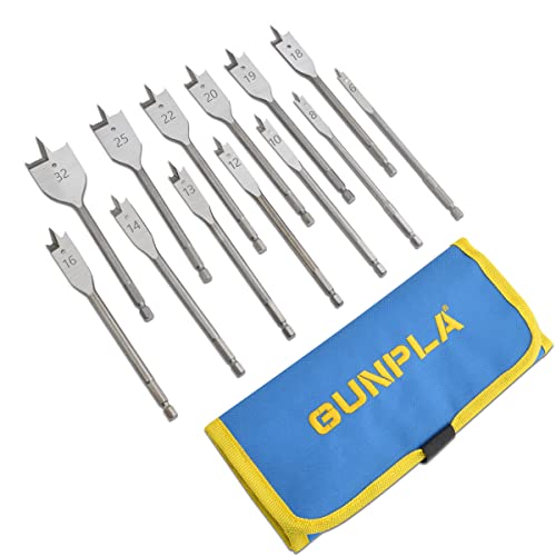 Gunpla 13tlg. Professional Flachfräsbohrer Set 6-32mm, 1/4" Sechskantschaft, Holzbohrer Flachsenker für Weich- und Hartholz, in Rolltasche von Gunpla