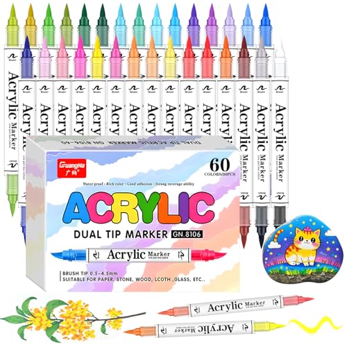 Acrylstifte 60 Farben,30 Stück Doppelspitze Acrylic Paint Marker， Acrylstifte für Steine Wasserfest, Steine Bemalen Stifte, Leinwand, Holz, Ideal für Malen, Ausmalen und DIY von Gunsamg
