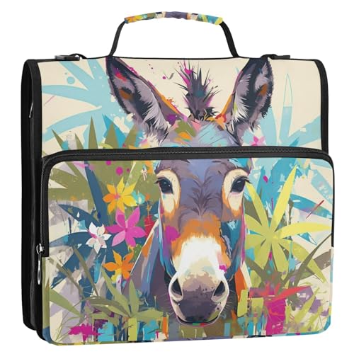 Bunter Esel-Blumenmuster, 3-Ringbuch mit extra Taschen und Riemen, mehrere Taschen, Schulbedarf, Organizer für die Schule Bunter Esel-Blumenmuster, 3-Ringbuch mit extra Taschen und Riemen, mehrere Taschen, Schulbedarf, Organizer für die Schule von GuoChe
