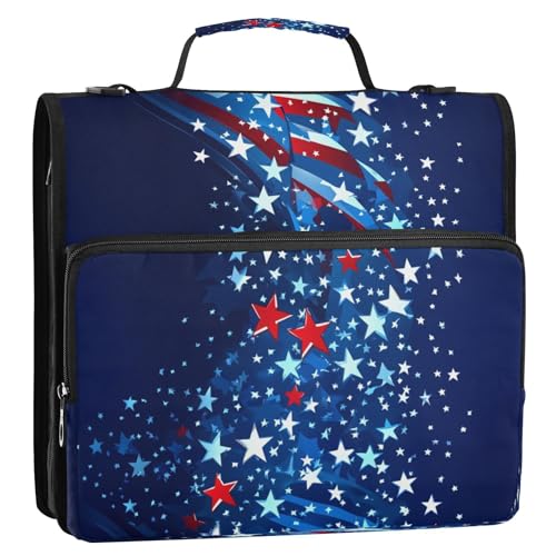 Dokumenten-Organizer mit blauer Flagge und Sternen, patriotisch, 3 Ringe, stabiler Reißverschluss, mit Griff, mehrere Taschen, Dokumenten-Organizer für die Mittelschule von GuoChe