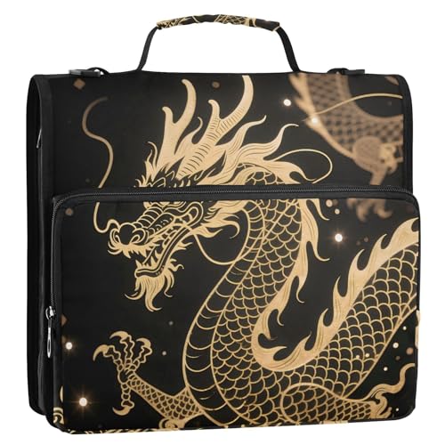Goldener Drache, schwarzer Hintergrund, 3,8 cm, 3 Ringe, Reißverschluss, Organizer mit Griff, wasserdicht, Dokumentenmappe, Organizer für Büro, Schule Goldener Drache, schwarzer Hintergrund, 3,8 cm, 3 Ringe, Reißverschluss, Organizer mit Griff, wasserdicht, Dokumentenmappe, Organizer für Büro, Schule von GuoChe