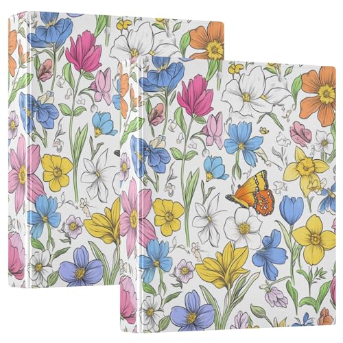 Notizbuch mit 3 Ringen, 3,8 cm, mit Klemmbrett, 1/2 Packungen, Schulhefter 200 Blatt, niedliche Frühlingsblumen, rustikal, weiß von GuoChe