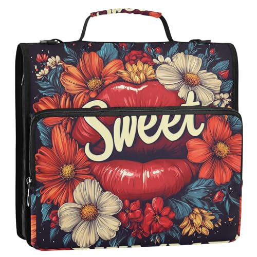 Organizer für Valentinstag, Blumen, rote Lippen, süße 3 Ringe, 3,8 cm, Organizer mit Schultergurt und Griff, inklusive Reißverschlusstasche, Schulbedarf, Organizer für Schule/Büro von GuoChe