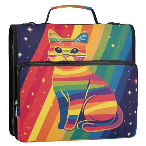 Pride Month A Rainbow Cat Ordner mit 3 Ringen, Reißverschluss, mit Griff, mehrere Taschen, Schulordner, Organizer für Schule und Büro, 3,8 cm von GuoChe