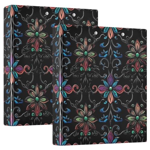 Ringbuch mit 3 Ringen, 3,5 cm, mit Innentaschen, 1/2 Packungen, Ordner für Schule, Hardcover, Retro-Blumenmuster, Schwarz von GuoChe