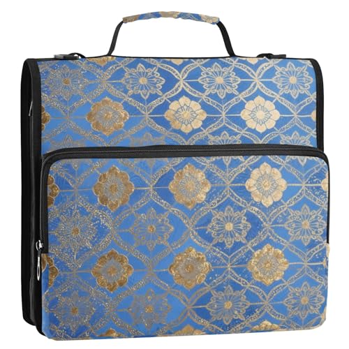Ringbuch mit Reißverschluss und Schultergurt und Griff, einfach zu transportieren, blau-goldenes Blumenmuster Ringbuch mit Reißverschluss und Schultergurt und Griff, einfach zu transportieren, blau-goldenes Blumenmuster von GuoChe