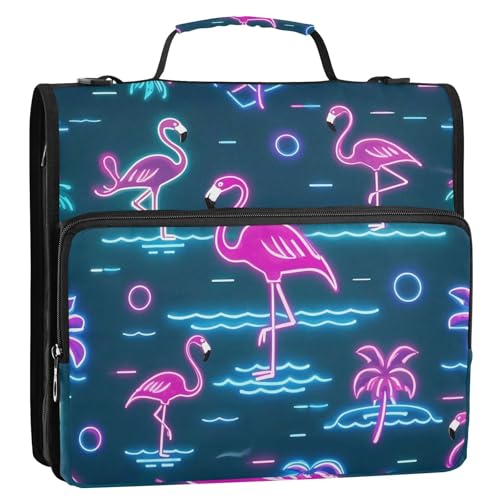 Ringbuch mit Reißverschluss und Schultergurt und Griff, mehrere Taschen, Flamingo-Neon-Muster, 3 Ringe, für die Schule Ringbuch mit Reißverschluss und Schultergurt und Griff, mehrere Taschen, Flamingo-Neon-Muster, 3 Ringe, für die Schule von GuoChe