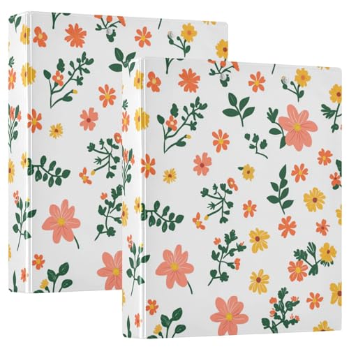 Ringbuch mit drei Ringen, 3,8 cm mit Innentaschen, 1/2 Packungen, Ordner für Studenten, Hardcover, Frühling, niedliche, bunte Blumen, Weiß von GuoChe