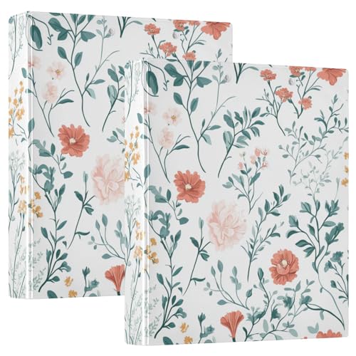 Ringbuch mit runden Ringen, 1 und 1/2 Zoll mit Innentaschen, 1/2er-Pack, College-Ordner für Studenten, 200 Blatt, Frühlingsblumen, Weiß von GuoChe