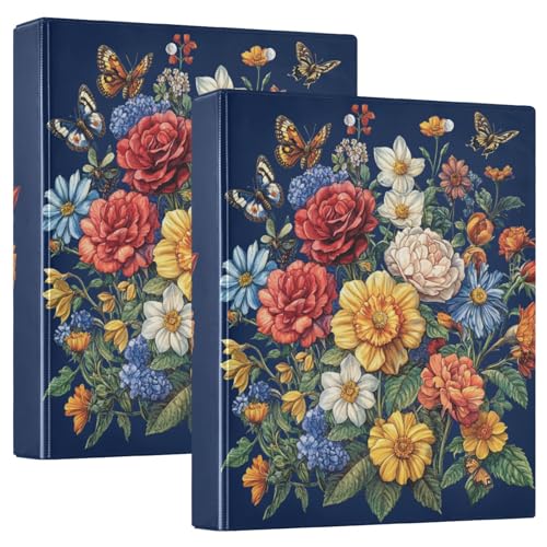 Ringbücher rund 3,8 cm mit Taschen 1/2 Stück Ordner für die Schule 200 Blatt Herbstblumen Rose Narzisse Schmetterlinge Bienen Königsblau von GuoChe