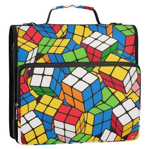 Rubik Cube Bunter Muster, 3 Ringe, Ordner, Reißverschluss mit Schultergurt, Dokumentenmappe, Organizer für Schule/Büro Rubik Cube Bunter Muster, 3 Ringe, Ordner, Reißverschluss mit Schultergurt, Dokumentenmappe, Organizer für Schule/Büro von GuoChe