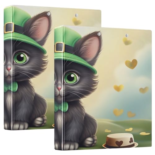 Runder Ringbuch, 3,8 cm, mit Taschen, 1/2 Packungen, Schulhefter Hardcover, Kleeblatt, Katze, Grün von GuoChe