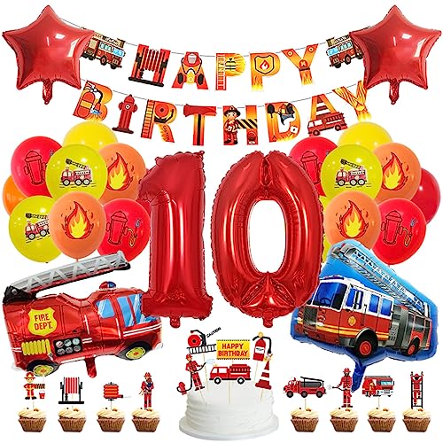 Guoguonb 10 Jahre Feuerwehrauto Geburtstag Party Dekoration Happy Birthday Banner Feuerwehr Bedruckte Ballons Feuerwehr Tortendekoration für Kindergeburtstag 10.Geburtstag Party Dekoration von Guoguonb