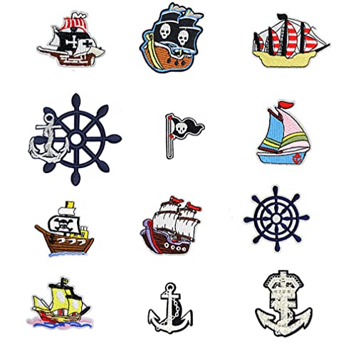 Guoguonb 12 Stück Piraten Stickerei on Patches DIY Accessories Flicken zum Aufbügeln Kinder Flagge Totenkopf Segelboot Patches Cute Sewing Applique für Mützen Taschen Jeans Kleidungsdekorationen von Guoguonb