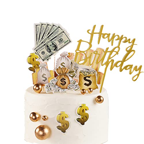 Guoguonb 19 Stück Acryl Happy Birthday Tortenstecker Dollar Banknoten Kuchendekoration Geld Kuchen Topper Cupcake Picks für Geburtstag Event Party Dekorationen von Guoguonb