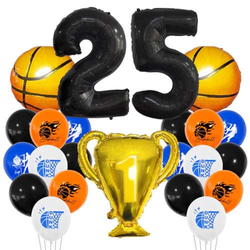 Guoguonb 25 Jahre Basketball Geburtstag Deko Schwarz 25. Geburtstag Trophäen Großer Basketball Zahlenballon 25 Folienballon Bedruckte Ballons für 25st Geburtstag Partyset Dekoration von Guoguonb