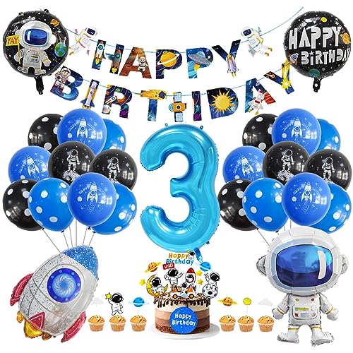 Guoguonb 3. Geburtstag Weltraum Party Deko Astronauten Raketen Folienballon Luftballons Space theme Cupcake Topper Tortendekoration Happy Birthday Banner für 3 Jahre Jungen Birthday Decorations von Guoguonb