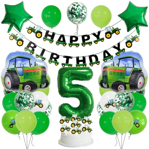 Guoguonb 5 Jahre Traktor Geburtstag Deko Grün 5. Geburtstag Junge Trecker Zahlenballon 5 Folienballon Bedruckte Ballons Banner Tortendekoration für Kindergeburtstag Partyset Dekoration von Guoguonb