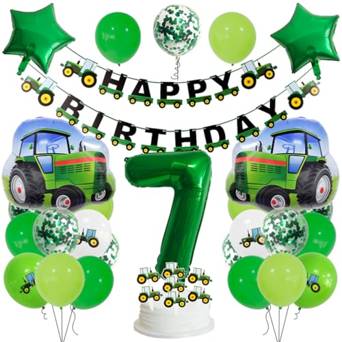 Guoguonb 7 Jahre Traktor Geburtstag Deko Grün 7. Geburtstag Junge Trecker Zahlenballon 7 Folienballon Bedruckte Ballons Banner Tortendekoration für Kindergeburtstag Partyset Dekoration von Guoguonb