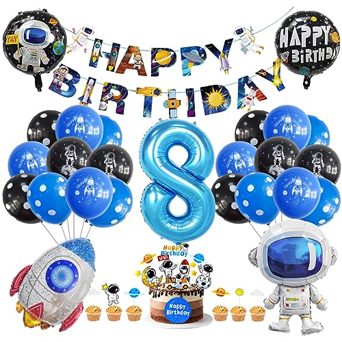 Guoguonb 8. Geburtstag Weltraum Party Deko Astronauten Raketen Folienballon Luftballons Space theme Cupcake Topper Tortendekoration Happy Birthday Banner für 8 Jahre Jungen Birthday Decorations von Guoguonb