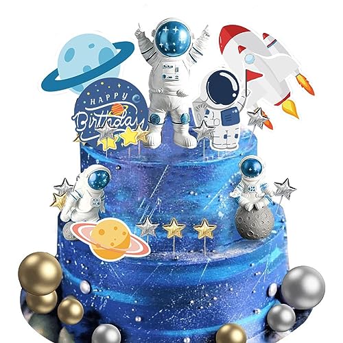 Guoguonb Blau Astronauten Tortendeko Set Weltraum Kindergeburtstag Tortendeko Kugeln Weltraum Cupcake Toppers für Weltraum Planeten Geburtstag Kinder Party von Guoguonb