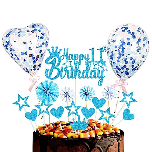 Guoguonb Blau Tortendeko Happy 11th Birthday 11 Jahre Mädchen Jungen Kuchendeko Herz Stern Ballon Glitter Cake Topper für 11. Geburtstag Party Kuchen Deko von Guoguonb