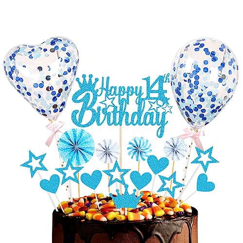 Guoguonb Blau Tortendeko Happy 14th Birthday 14 Jahre Mädchen Jungen Kuchendeko Herz Stern Ballon Glitter Cake Topper für 14. Geburtstag Party Kuchen Deko von Guoguonb