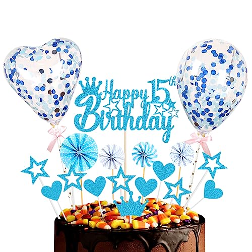 Guoguonb Blau Tortendeko Happy 15th Birthday 15 Jahre Mädchen Jungen Kuchendeko Herz Stern Ballon Glitter Cake Topper für 15. Geburtstag Party Kuchen Deko von Guoguonb