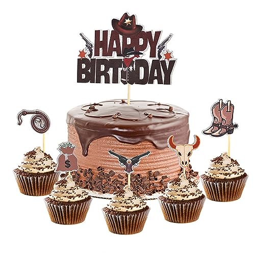 Guoguonb Cowboy-Kuchenaufsatz 1 Groß Happy Birthday Cake Topper und 15 Stück Cupcake Western Kuchen Topper für Cowboy Thema Geburtstagsparty von Guoguonb