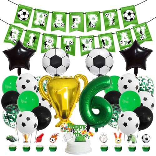 Guoguonb Fußball-Themen Geburtstag Dekoration Set Großes Fußball Luftballon Zahl 6 Balloon Happy Birthday Banner Fußball-Kuchendekoration für 6st Birthday Geburtstagsszene Party Dekoration von Guoguonb