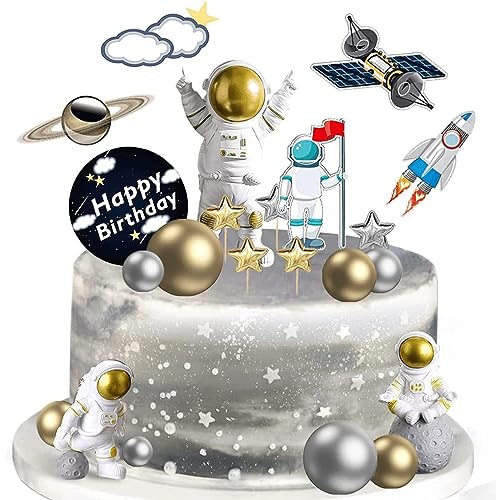 Guoguonb Golden Astronauten Tortendeko Set Weltraum Kindergeburtstag Tortendeko Kugeln Weltraum Cupcake Toppers für Weltraum Planeten Geburtstag Kinder Party von Guoguonb