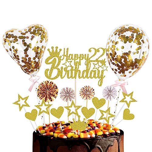 Guoguonb Golden Tortendeko Happy 22th Birthday 22 Jahre Männer Damen Kuchendeko Herz Stern Ballon Glitter Cake Topper für 22. Geburtstag Party Kuchen Deko von Guoguonb