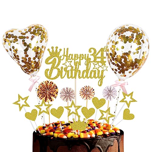Guoguonb Golden Tortendeko Happy 34th Birthday 34 Jahre Männer Damen Kuchendeko Herz Stern Ballon Glitter Cake Topper für 34. Geburtstag Party Kuchen Deko von Guoguonb