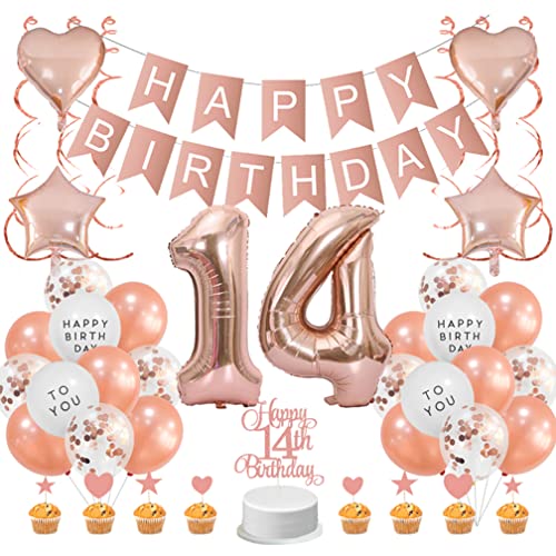 Guoguonb Roségold 14. Geburtstag Dekoration Set 14 Jahr Geburtstag Deko Happy Birthday Banner Luftballons Cake Topper Tortendekoration für Mädchen Freundin Tochter Geburtstag von Guoguonb
