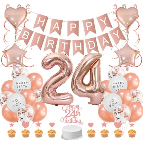Guoguonb Roségold 24. Geburtstag Dekoration Set - Happy Birthday Banner, Luftballons, Cake Topper, Tortendekoration für Mädchen, Madame, Frauen Guoguonb Roségold 24. Geburtstag Dekoration Set - Happy Birthday Banner, Luftballons, Cake Topper, Tortendekoration für Mädchen, Madame, Frauen von Guoguonb