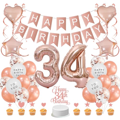 Guoguonb Roségold 34. Geburtstag Dekoration Set 34 Jahr Geburtstag Deko Happy Birthday Banner Luftballons Cake Topper Tortendekoration für Mädchen Madame Frauen Geburtstag Guoguonb Roségold 34. Geburtstag Dekoration Set 34 Jahr Geburtstag Deko Happy Birthday Banner Luftballons Cake Topper Tortendekoration für Mädchen Madame Frauen Geburtstag von Guoguonb