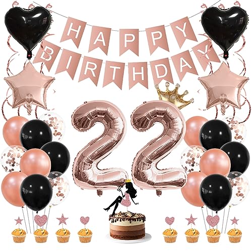 Guoguonb Roségold Geburtstag Dekoration Set 22 Jahr Geburtstag Deko Happy Birthday Banner Luftballons High Heel Girl Cake Topper für Mädchen Frau Deko 22. Geburtstag Party Dekoration von Guoguonb