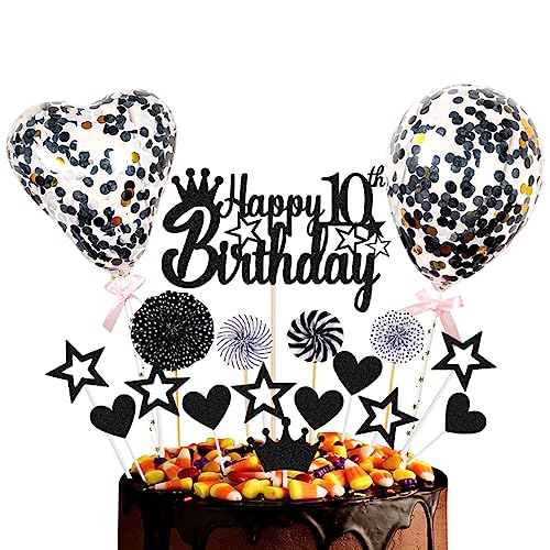 Guoguonb Schwarz Tortendeko Happy 10th Birthday 10 Jahre Mädchen Jungen Kuchendeko Herz Stern Ballon Glitter Cake Topper für 10. Geburtstag Party Kuchen Deko von Guoguonb