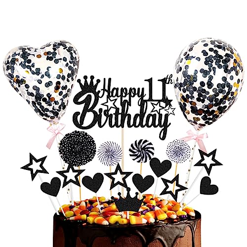 Guoguonb Schwarz Tortendeko Happy 11th Birthday 11 Jahre Mädchen Jungen Kuchendeko Herz Stern Ballon Glitter Cake Topper für 11. Geburtstag Party Kuchen Deko von Guoguonb
