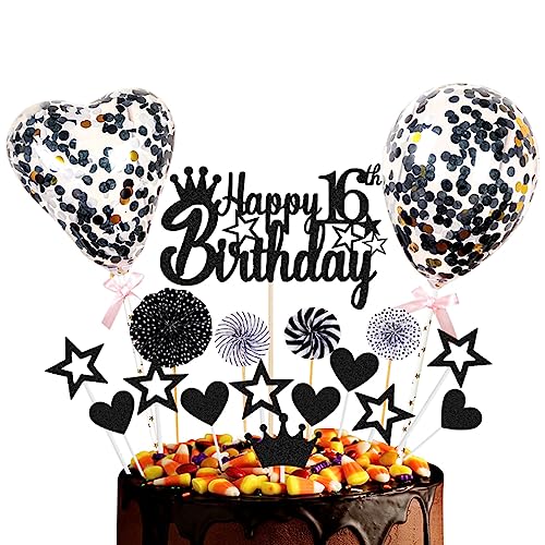 Guoguonb Schwarz Tortendeko Happy 16th Birthday 16 Jahre Mädchen Jungen Kuchendeko Herz Stern Ballon Glitter Cake Topper für 16. Geburtstag Party Kuchen Deko von Guoguonb