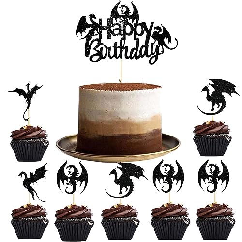 Guoguonb Schwarzer Drache Tortendekoration 1 Groß Happy Birthday Cake Topper und 24 StückFliegender Drache Geburtstagstorte Dekoration Cupcake Picks für Dinosaurier Thema Party Dekorationen von Guoguonb