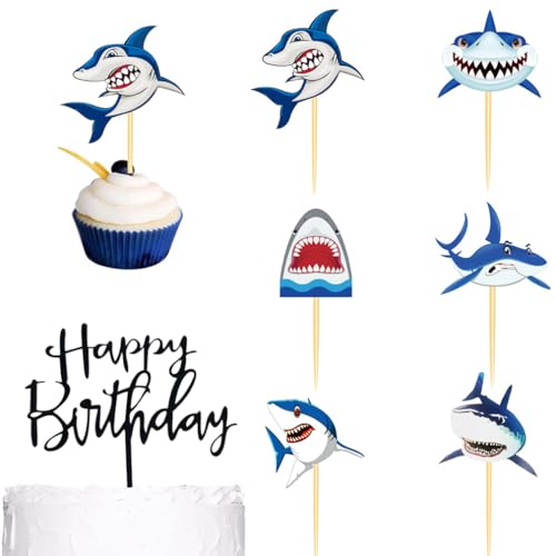 Guoguonb Shark Tortendekorationen 1 Groß Happy Birthday Cake Topper und 24 Stück Hai Kuchen Topper für Kinder Jungen Party Geburtstag Deko Muffin Backen Kuchenaufsätze von Guoguonb