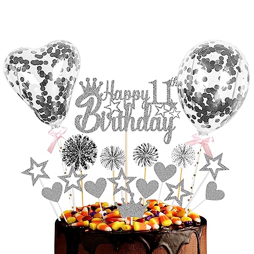 Guoguonb Silber Tortendeko Happy 11th Birthday 11 Jahre Mädchen Jungen Kuchendeko Herz Stern Ballon Glitter Cake Topper für 11. Geburtstag Party Kuchen Deko von Guoguonb