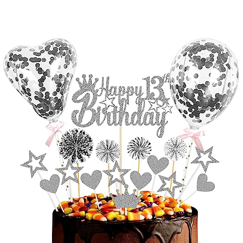 Guoguonb Silber Tortendeko Happy 13th Birthday 13 Jahre Mädchen Jungen Kuchendeko Herz Stern Ballon Glitter Cake Topper für 13. Geburtstag Party Kuchen Deko von Guoguonb