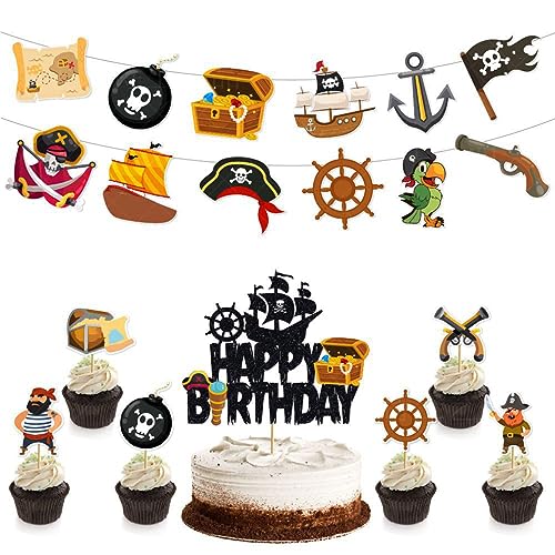 Guoguonb Thema Piraten Geburtstag Party Dekoration 1x Groß Happy Birthday Cake Topper 6x Stück Cupcake und 2x Piraten-Serie Banner für Mädchen Junge Kinder Halloween Party Muffin Deko von Guoguonb